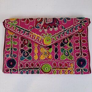 Pink Clutch Bag Colorful Embroidery Floral Designs Elephant Mirror Details NWOT
